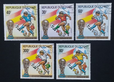 R.DU TCHAD-CAMPIONATUL MONDIAL DE FOTBAL SPANIA-1982-SET 5 V.-OBLITERAT-DANTELAT-CTO - EP 202 foto
