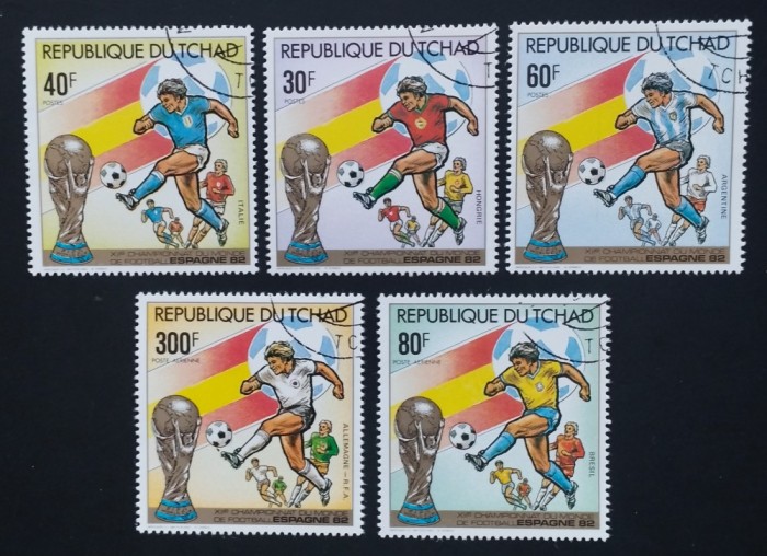 R.DU TCHAD-CAMPIONATUL MONDIAL DE FOTBAL SPANIA-1982-SET 5 V.-OBLITERAT-DANTELAT-CTO - EP 202