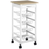 HOMCOM Cărucior de servire măsuță cu roți multi-rangements 4 coșuri metal + sertar lemn de pin 37 x 37 x 82 cm alb | Aosom Romania