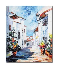 Tablou Santorini pictat manual, colt de rai, 60x50cm ulei pe panza in cutit efect 3D foto