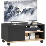 HOMCOM Stand TV pe Roți cu 2 Fr&acirc;ne - 2 nișe + Dulap cu Ușă 2 Treceri pentru Cablu - din Lemn Negru și Stejar Deschis | Aosom Romania