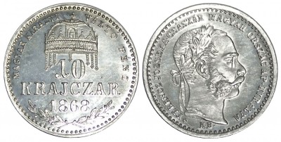 y877 UNGARIA 10 krajczar 1868 KB ARTEX ARGINT NECIRCULATA UNC foto