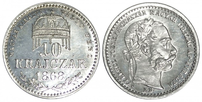 y877 UNGARIA 10 krajczar 1868 KB ARTEX ARGINT NECIRCULATA UNC