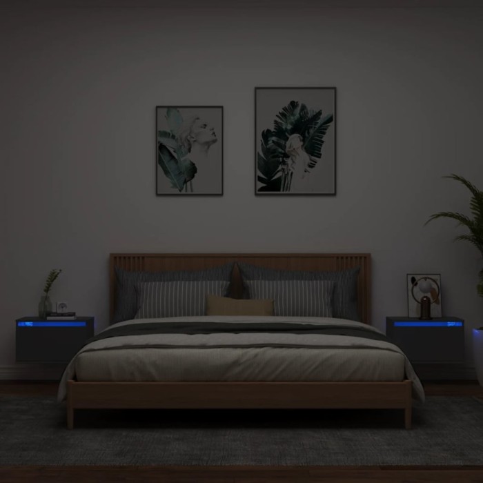 Gossi noptiere montate pe perete cu lumini led, 2 buc., negru