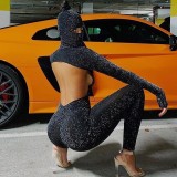 Catsuit Vinil Mesh Swarovsky Sexy, Spate Gol, Cagula, Masca, Bodystocking. Jumpsuit dama