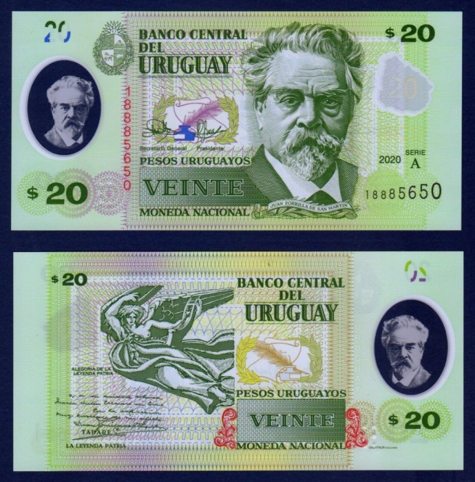 URUGUAY █ bancnota █ 20 Pesos Uruguayos █ 2020 █ P-101 █ POLYMER █ UNC