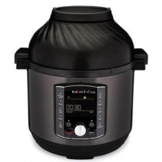 Multicooker si friteuza cu aer cald 2 in 1 Instant Pot Pro Crisp 8, 1500 W, 11 programe presetate, 7.6 L, Capac detasabil (Negru/Inox)