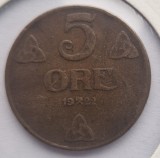 Norvegia 5 Ore 1922 moneda din bronz km # 368 tiraj mic Haakon VII