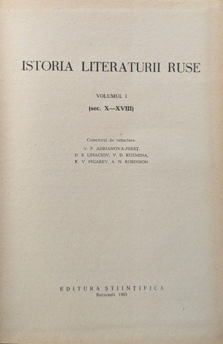 Istoria Literaturii Ruse Vol. 1 - Colectiv , A719