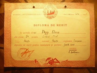 Diploma de Merit - Liceul Mixt Resita 1953 , cl.IX foto
