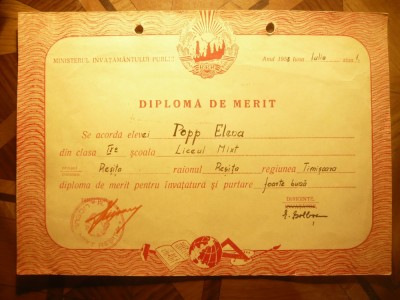 Diploma de Merit - Liceul Mixt Resita 1953 , cl.IX foto