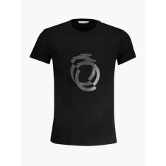 Tricou barbati cu imprimeu cu logo si decolteu la baza gatului, Negru, XL