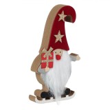Decoratiune Crăciun, Gnome Cu Schiuri, Caciulă Catifelată Bordo, 17cm, Lemn, Oem