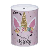 Pusculita UnicornDreams pentru copii, forma cilindrica si imprimeu cu unicorn, Metal, Lila, 13x17 cm