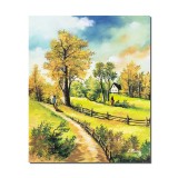 Tablou peisaj pictat manual, La bunici, 60x50cm ulei pe panza, gata de expus pe perete
