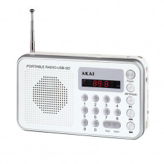 Radio portabil Akai, 1.3 W RMS, USB, afisaj LED, antena FM, alarma, ceas, acumulator, Alb foto