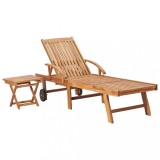 Șezlong vidaXL Lemn Masiv Tec, Masă Retractabilă &amp; Laterală, Spătar Reglabil, 195x59.5x35cm, Mobilier Gradina