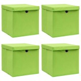 Set 4 Cutii Depozitare cu Capace, 32x32x32 cm, Textil Netesut, Verde. Organizator Pliabil Universal, Cosuri Ordine