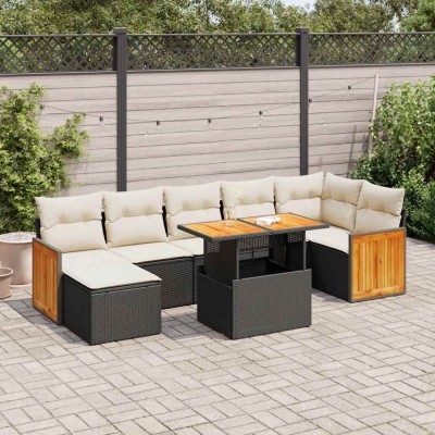 vidaXL Set mobilier grădină perne 8 piese negru, poliratan/lemn acacia 3327738 foto