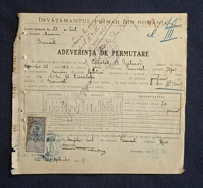 Document Adeverinta de permutare 1921 foto