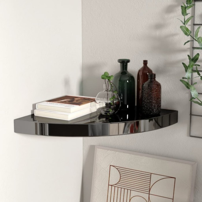 Gossi raft coltar de perete, negru extralucios, 35x35x3,8 cm, mdf