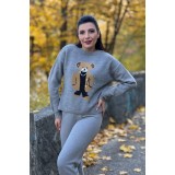 Bluza dama gri tricotata cu imprimeu ursulet