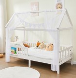Pat copil CLOUD 90 x 200 cm Set complet &ndash; Set decorativ muselin Alb + Saltea copil COZY 90 x 200 cm (Spumă rece)