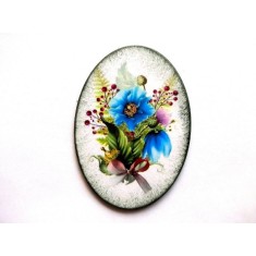 Magnet cu flori albastre, rosu burgund si floare violet, magnet oval pe lemn 40426