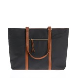 Geanta shopper neagra cu barete maro si buzunar frontal