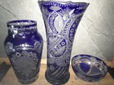 Lot trei piese Sticla Turda cristal Bohemia vaza fructiera albastru vechi vintage doar predare personala in Timisoara