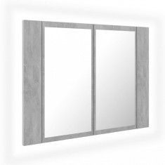 Dulap de baie cu oglindă și LED, gri beton, 60x12x45 cm