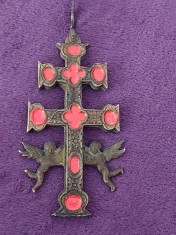 CUCIFIX FECIOARA MARIA,BRONZ SPANIOL,sec.XVII,Cruce dubla antica-cruce de Moaste