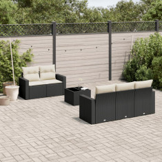 Set mobilier de gradina cu perne, 6 piese, negru, poliratan