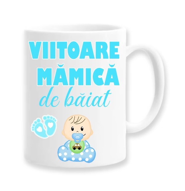Cana alba personalizata &quot;Viitoare mamica de baiat&quot;, INOVATIX&reg;. 330ml