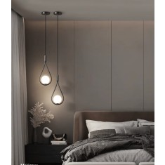 Lustra pe cablu, lacrima, 1 glob sticla alb, corp negru, dulie E14, lungime reglabila maxim 1.2 m