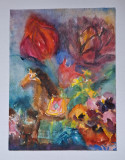 Pictura in acuarela neinramata - calut balansoar si flori, semnat 2005, 18x24 cm, Natura statica, Realism