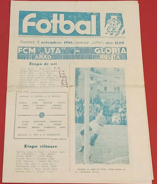 Program meci fotbal FCM UTA ARAD - &quot;GLORIA&quot; RESITA (07.10.1984)