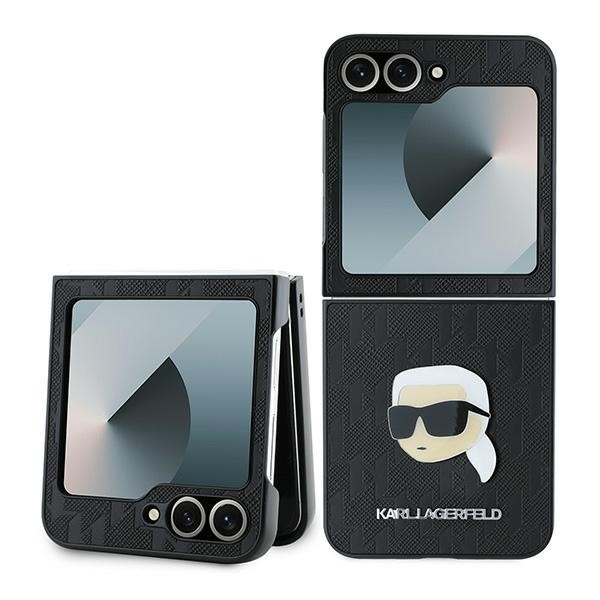 Husa pentru Samsung Galaxy Z Flip7 FE F761 / Z Flip6 F741, Karl Lagerfeld, Saffiano Monogram Karl&#039;s Head Metal, Neagra
