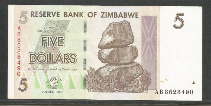 ZIMBABWE 5 DOLARI DOLLARS 2007 [7] P-66 , a UNC