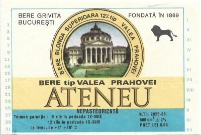 NI478 Etichetă bere nepasteurizată tip Valea Prahovei, Ateneu, Bere Grivița București foto