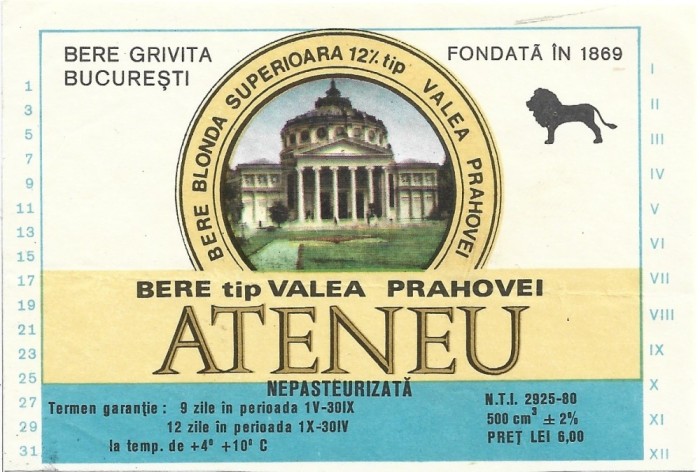 NI478 Etichetă bere nepasteurizată tip Valea Prahovei, Ateneu, Bere Grivița București