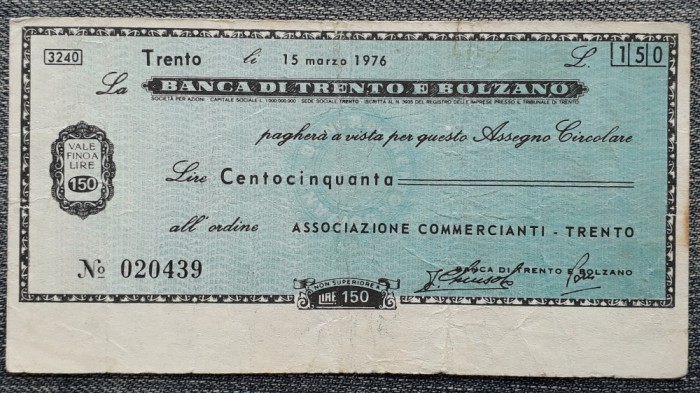 150 Lire 1976 Trento Italia / Banca di Trento e Bolzano / seria 020439