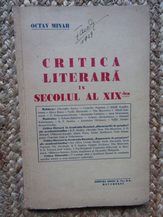 Octav Minar - Critica Literara in Secolul al XIX-lea