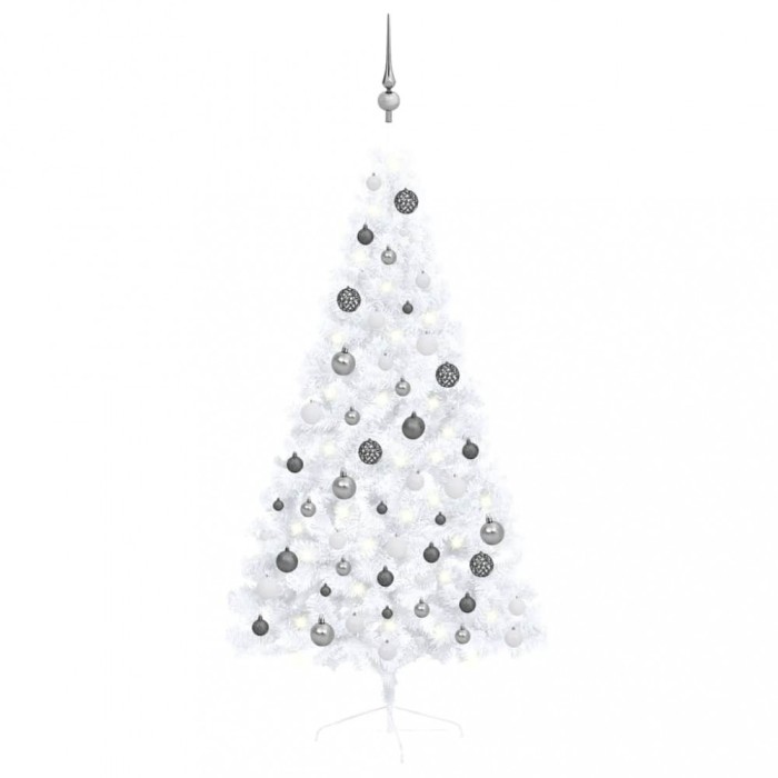 Jumătate brad Crăciun pre-iluminat cu set globuri, alb, 150 cm