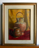 Vase de arama - pictura originala ulei pe panza cu passepartout 38x48cm, Natura statica, Realism