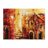 Set 3 piese tablou pictat manual, La plimbare prin centrul vechi, 120x90cm ulei pe panza, gata de expus pe perete