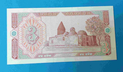 Bancnota veche Uzbekistan 3 Sum 1994 - UNC foto