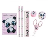 Set școlar, Model Panda, 7 Bucăți, Roz, Multicolor