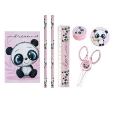 Set școlar, Model Panda, 7 Bucăți, Roz, Multicolor