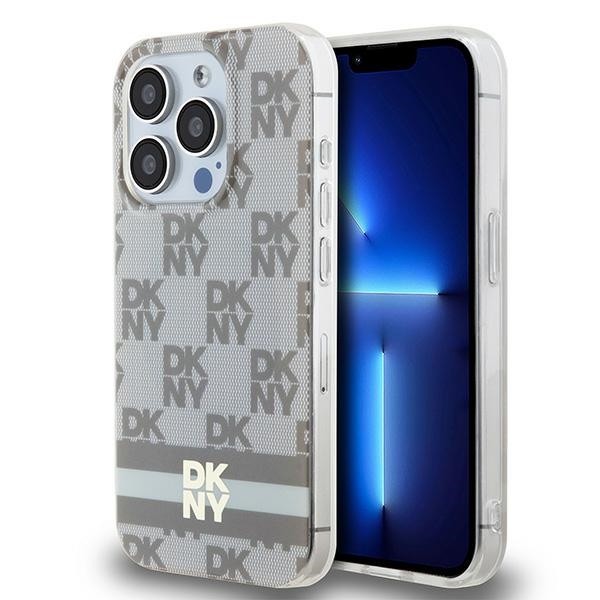 Husa iPhone 15 Pro DKNY IML Checkered Mono Pattern &amp; Printed Stripes MagSafe, bej, DKHMP15LHCPTSE